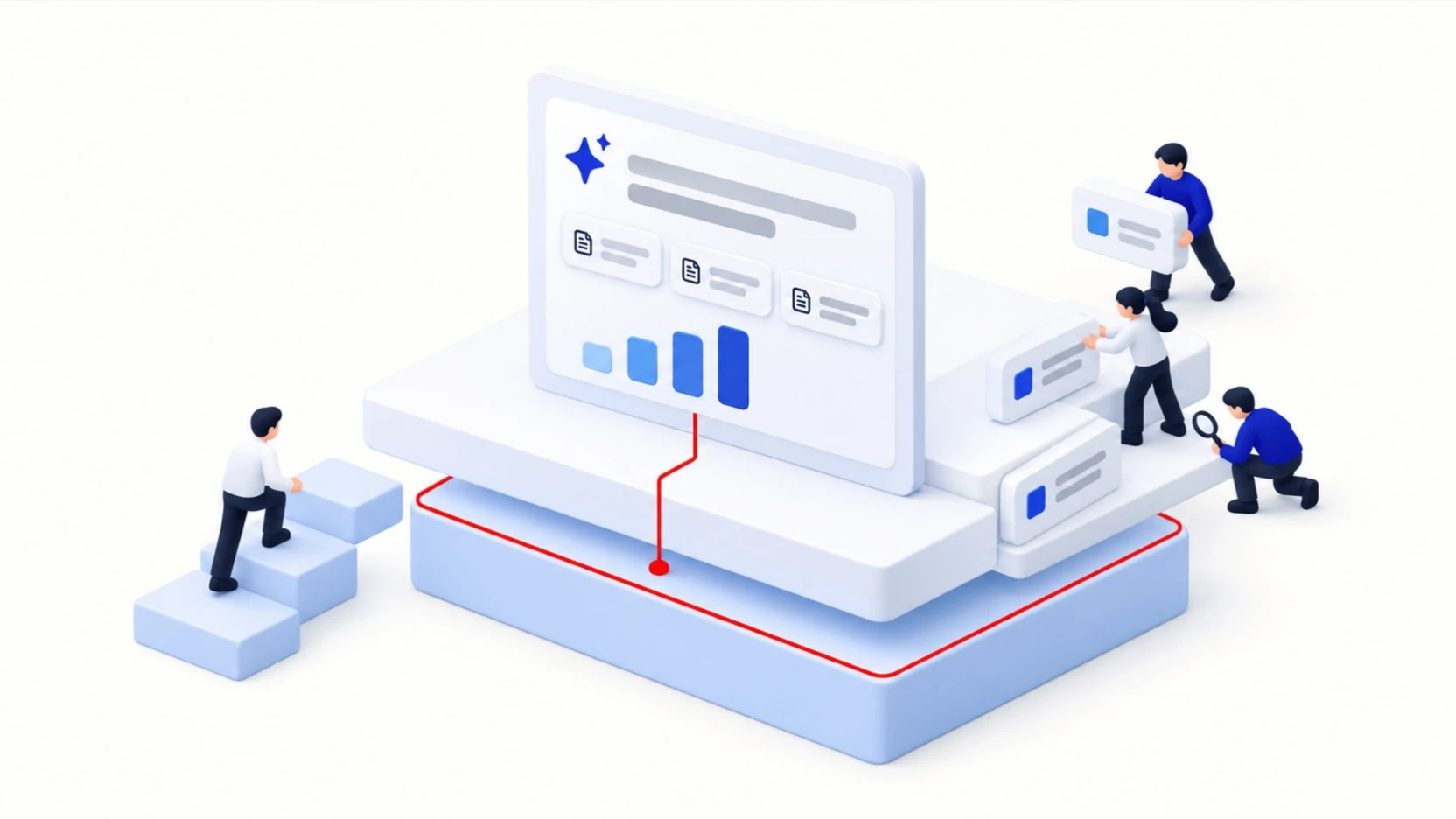 A new pale-blue base with a red outline lifts a white platform holding a report card while small figures add modules and one climbs steps toward it.