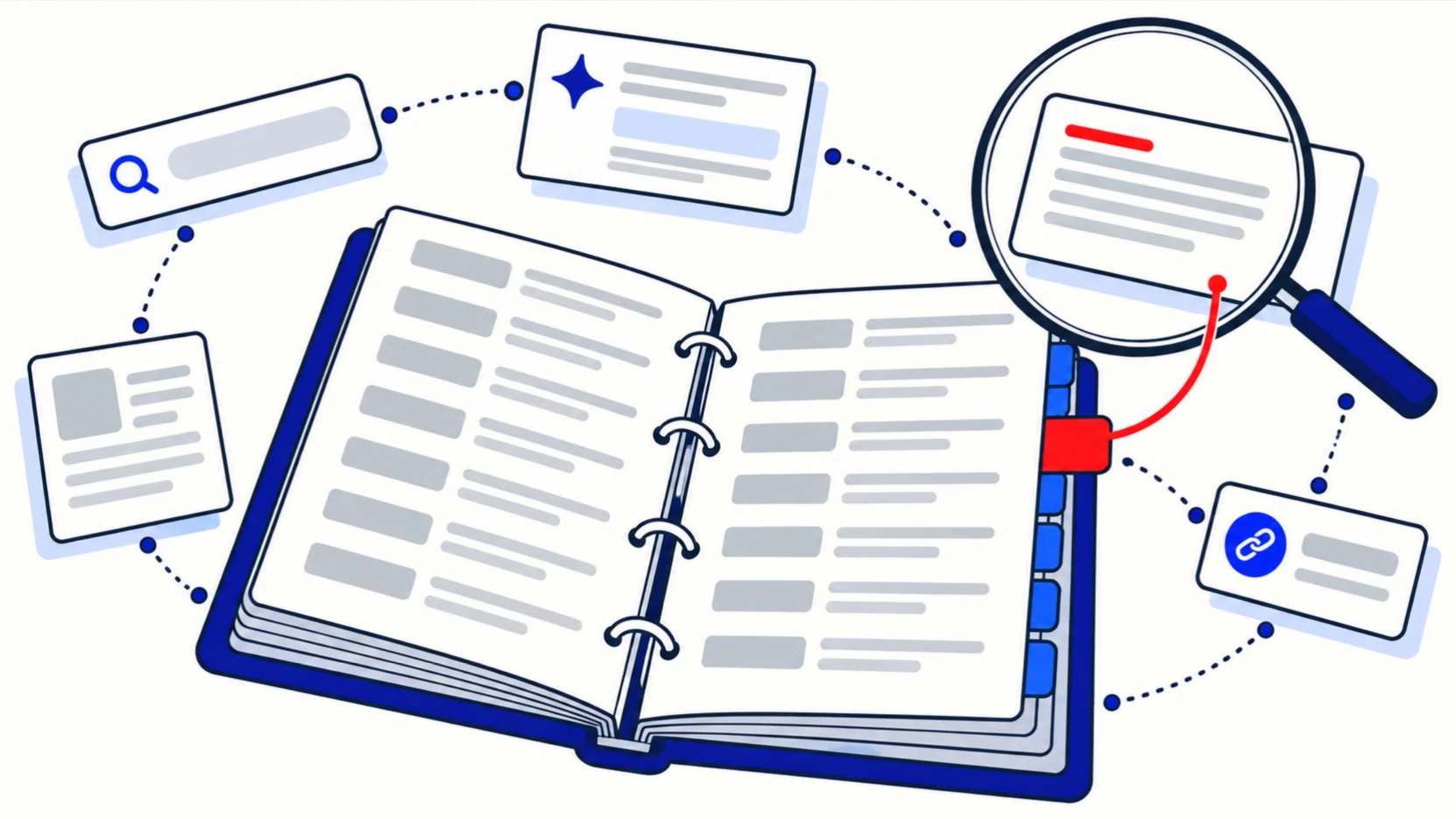 An open reference binder with one red tab lifting a definition card under a lens, small search cards orbiting it.