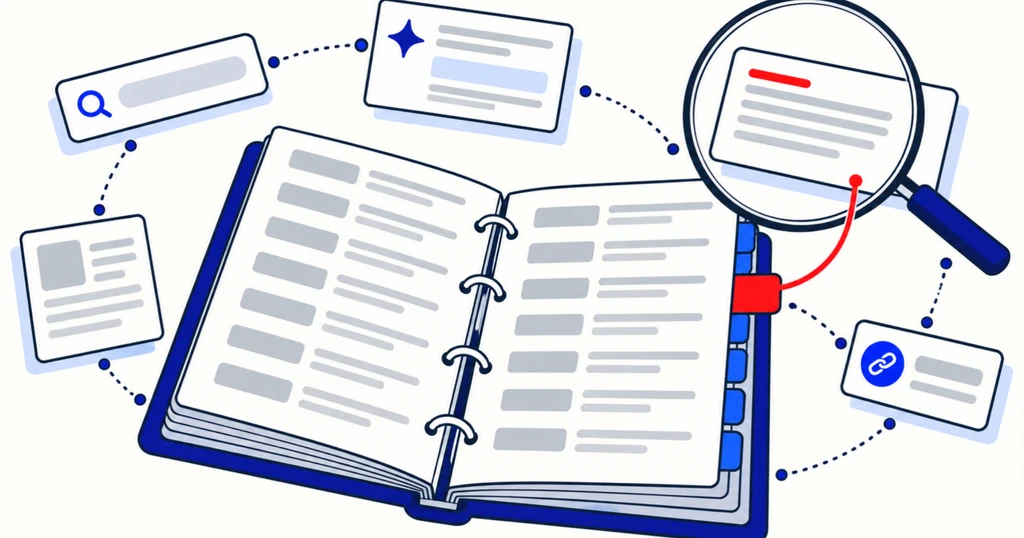 An open reference binder with one red tab lifting a definition card under a lens, small search cards orbiting it.