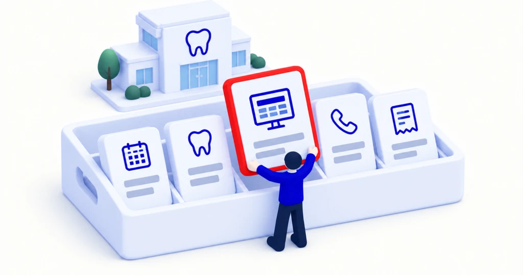 A toolkit tray of dental practice software cards (calendar, imaging, phone, billing) around a red-outlined central card.