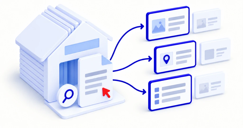A text file with a red pointer arrow at a website's door, beside a crawler badge, points to three chosen page cards.