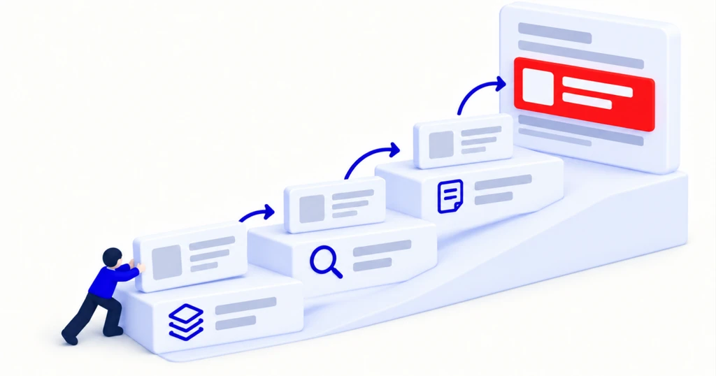 A brand card climbs three steps (layers, magnifier, citation chip) and sits, red, inside an answer card at the top.
