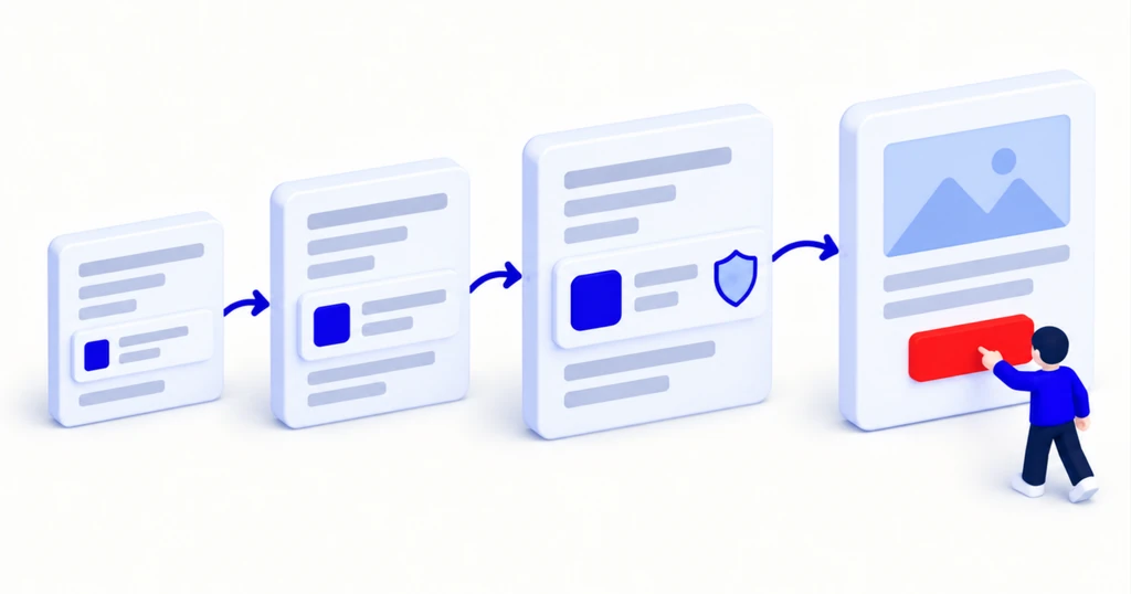 Three answer cards show the same company badge growing larger; an arrow leads to a website card with a red button.