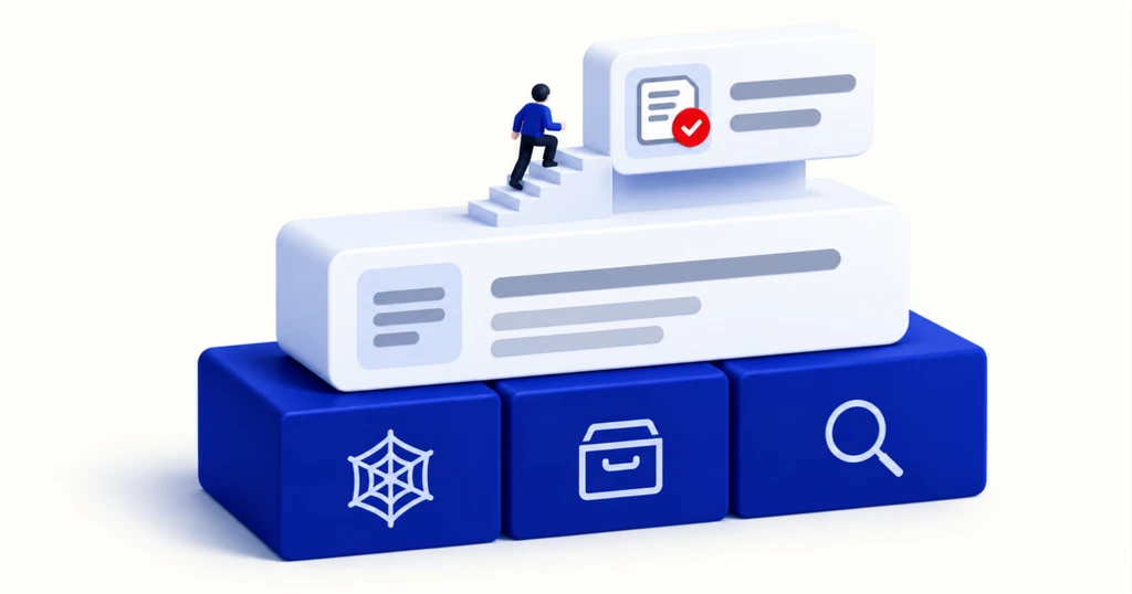 Three blue foundation blocks (web, drawer, magnifier) carry two newer floors, an answer card and a red-checked chip.