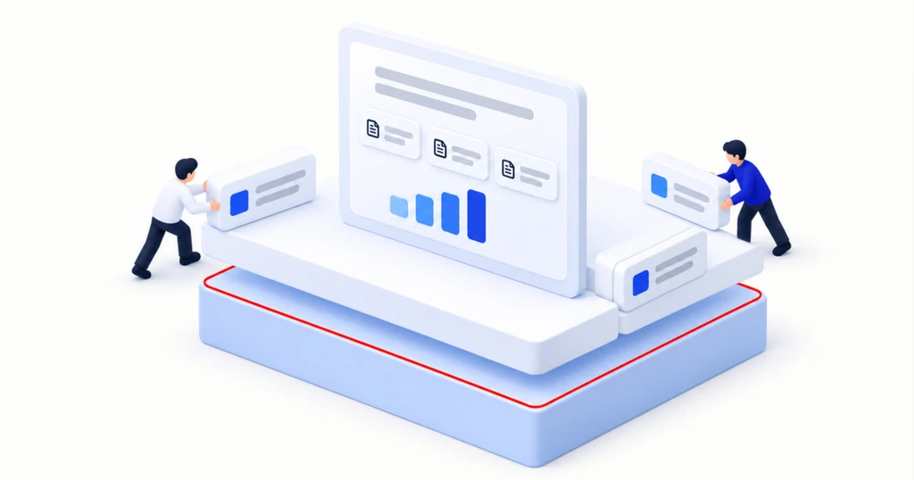A new pale-blue base with a red outline lifts a platform holding a report card while small figures add modules to it.