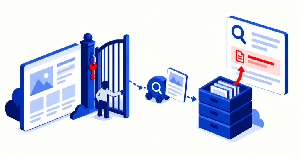 A figure holds a blue gate open while a crawler with a magnifier carries a page into an index drawer, which sends a red citation to an answer panel.
