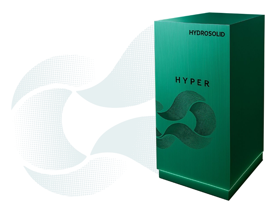 Green rectangular box with text HYDROSOLID and HYPER with abstract wave design on front.