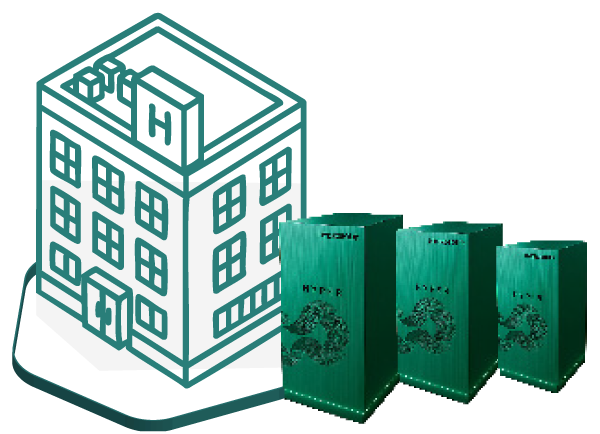 Outline of a hospital building next to three green pharmaceutical product boxes.