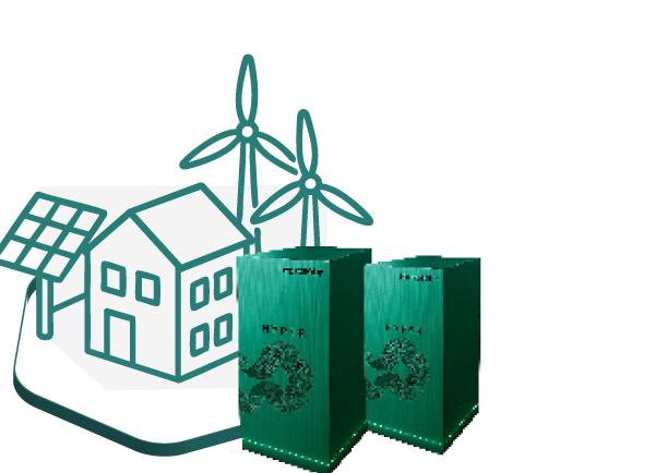 Two green Hyperflow energy storage units with illustration of house, solar panel, and wind turbines in background.