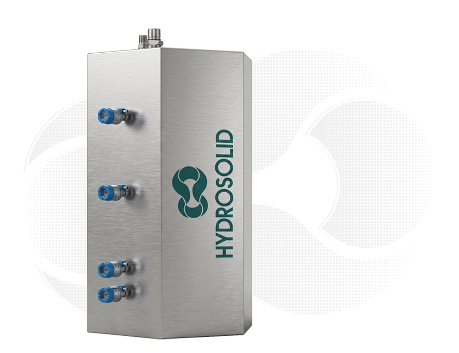 Rectangular metallic device with four blue connectors and Hydrosolid logo on the front.