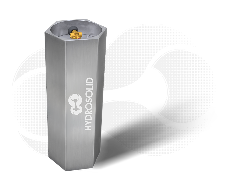 Hexagonal metallic water filtration device with HydroSolid logo on the side.