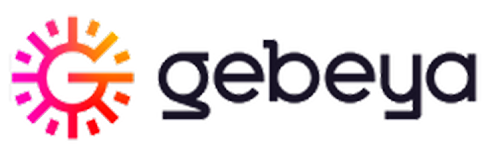 Gebeya logo featuring a stylized letter G inside a sunburst design with a gradient from pink to orange, next to the word 'gebeya' in lowercase black letters.