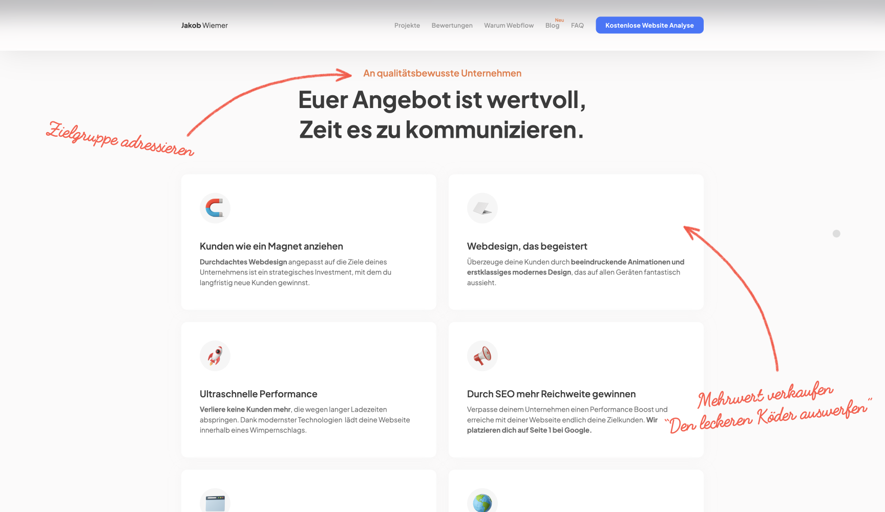 Beispielhafte Website Sektion, in dem mehrere Mehrwerte aufgelistet sind