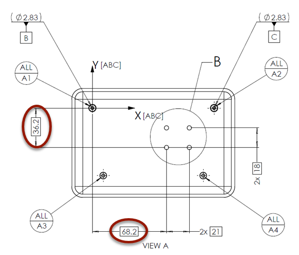 Drawing of screw hole coordinates (view A)