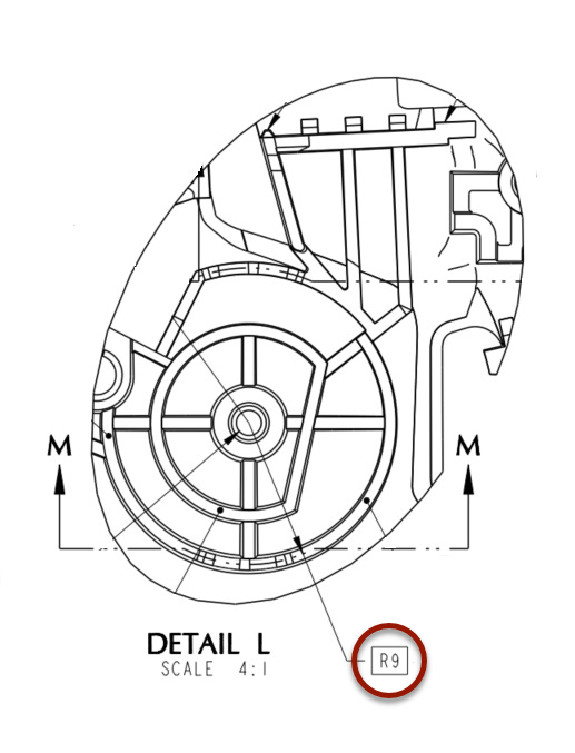Drawing of dimensional notation for feature R9