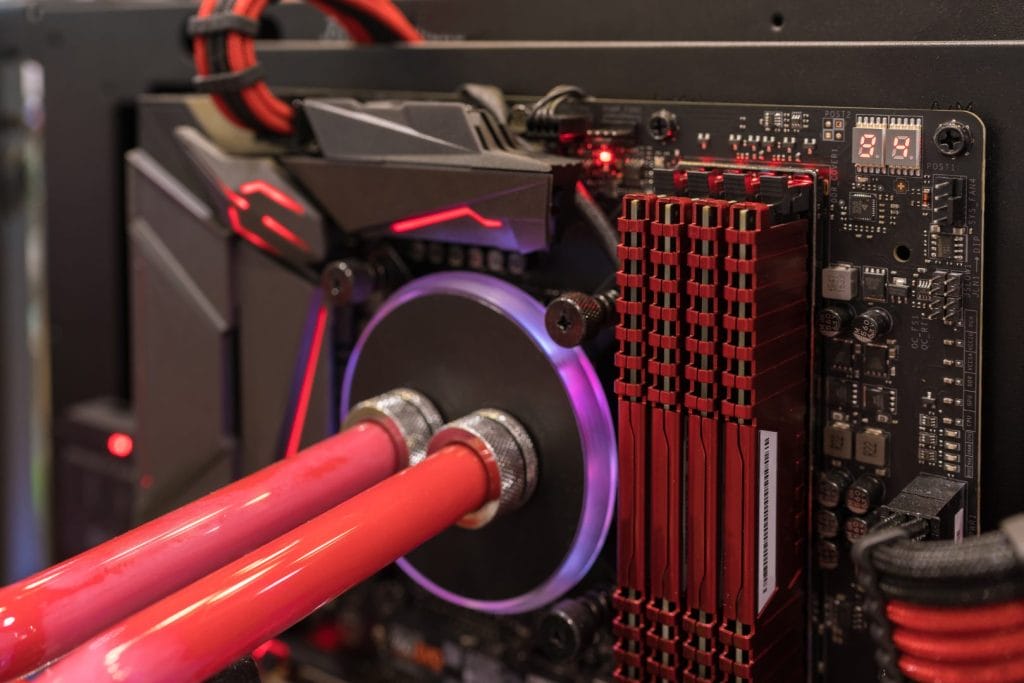 Depiction of a water-cooled CPU in a desktop PC