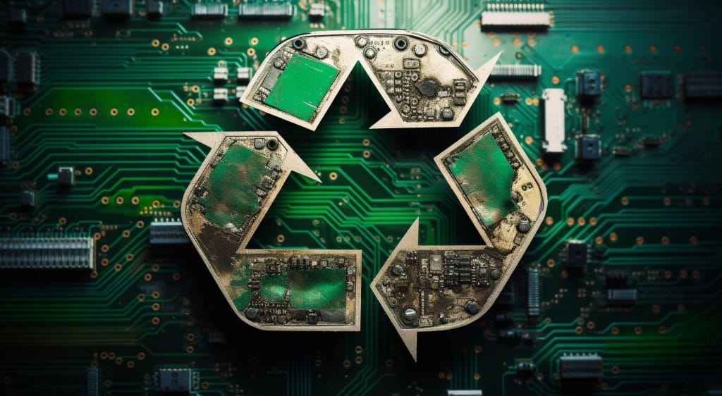Image depicting printed circuit board material within a recycling e-waste reduction plan