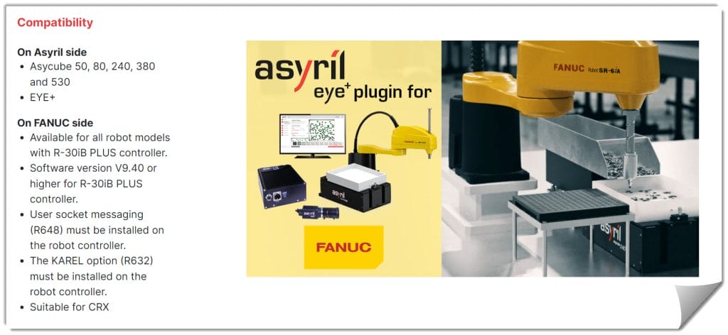 Image from Asyril's website of the EYE+ plugin for FANUC robots