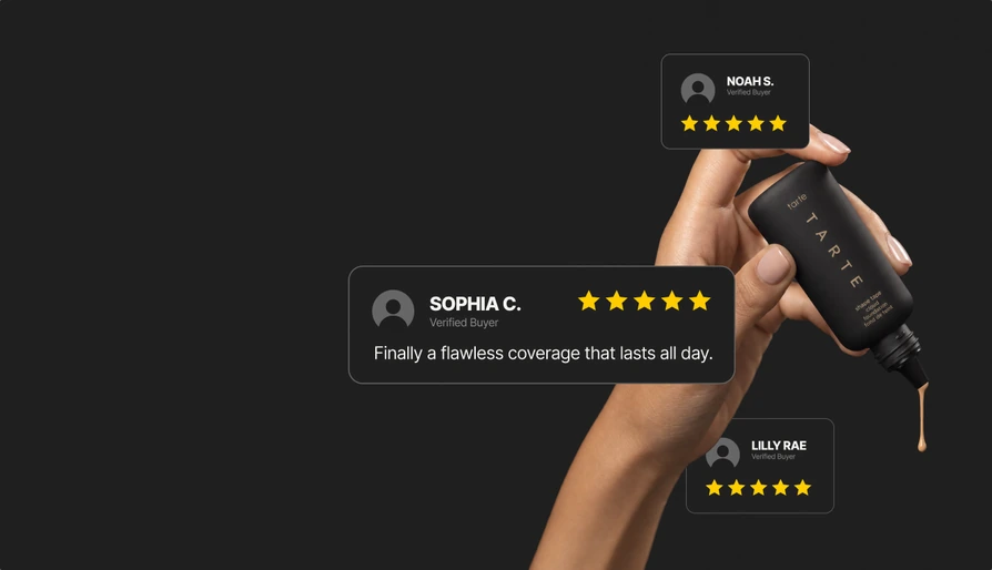 Hand holding a Tarte foundation surrounded by five star verified buyer review cards