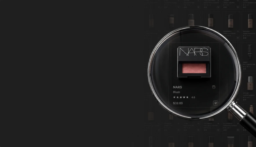 NARS blush under a magnifying glass against a wall of foundation listings