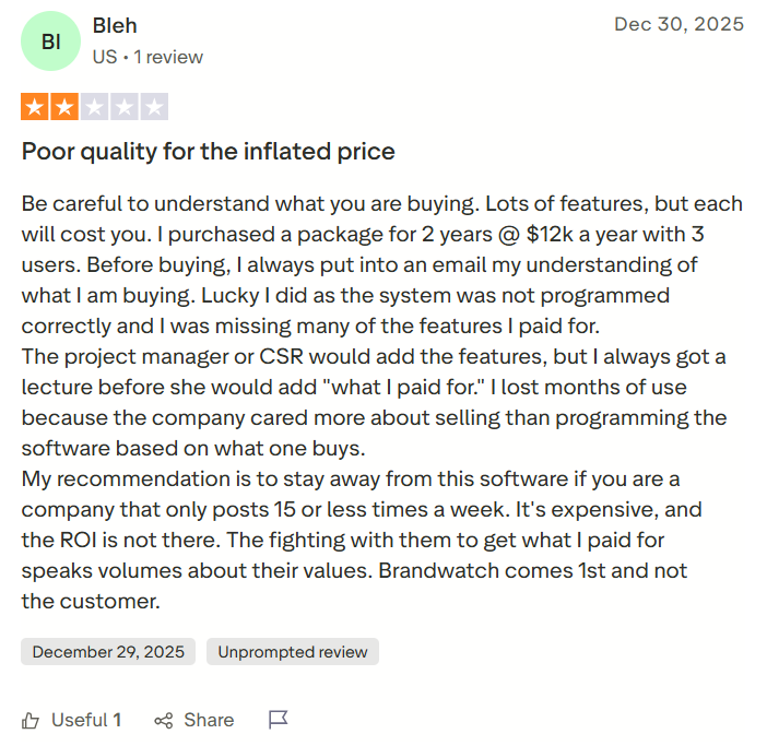 Trustpilot review of Brandwatch: a 2-year package at $12k a year for 3 users, not worth it for a company posting 15 or fewer times a week