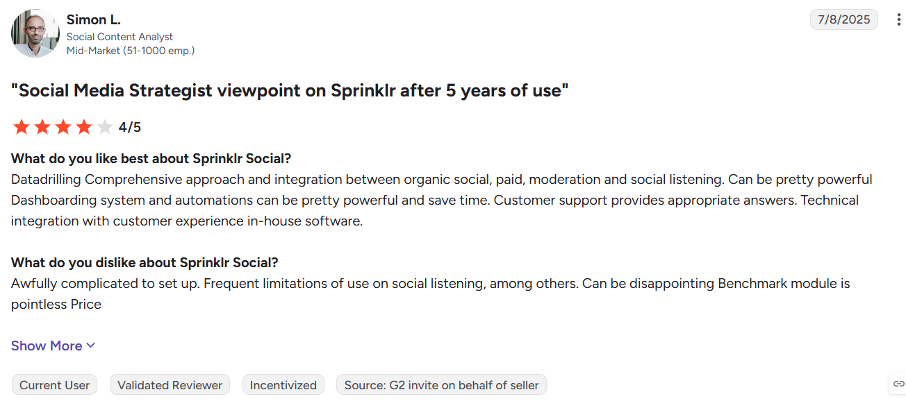 G2 review of Sprinklr Social from a 5-year user noting frequent limits in its social listening