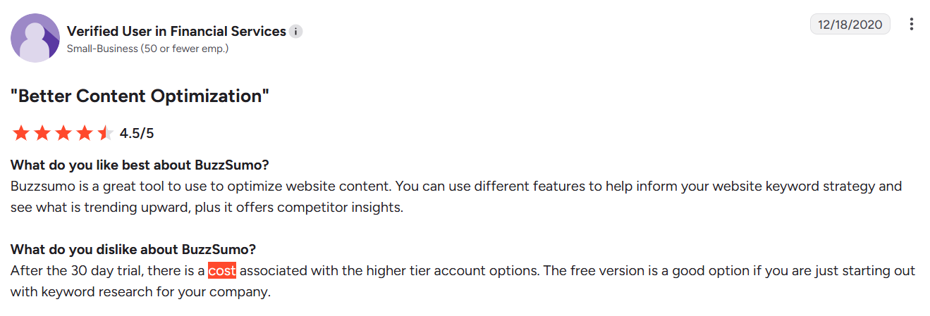 G2 review of BuzzSumo noting a cost for the higher-tier accounts after the 30-day trial