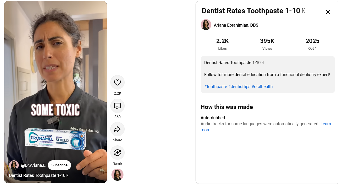 YouTube Shorts analytics gap: a dentist reviews toothpaste brands on screen without tagging or naming them in the caption