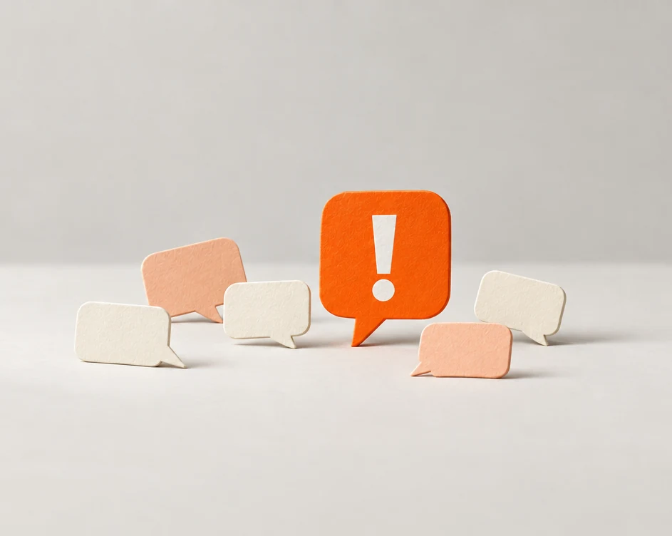 Small cream and peach paper speech bubbles around a larger orange paper speech bubble with a white exclamation mark