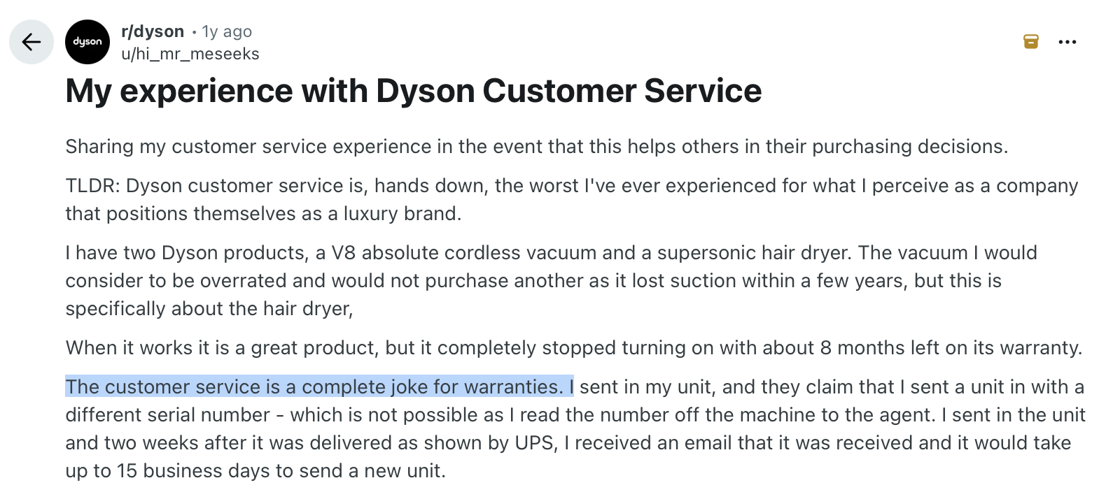 Reddit thread where Dyson owners compare the same fault across different units