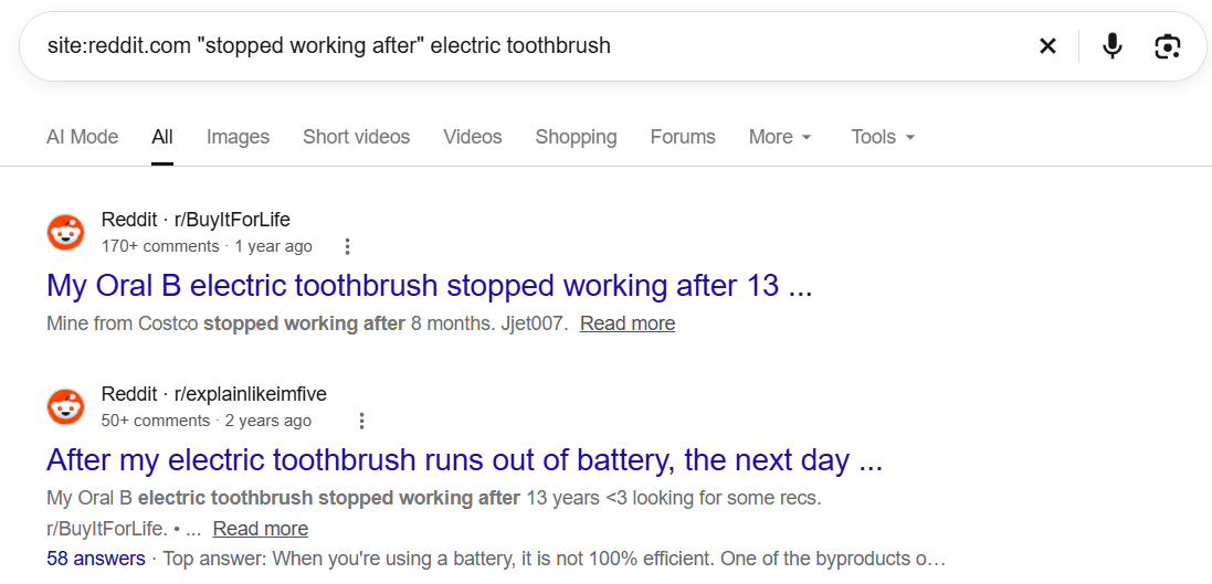 Google results for a site:reddit.com search showing customer pain points across a product category