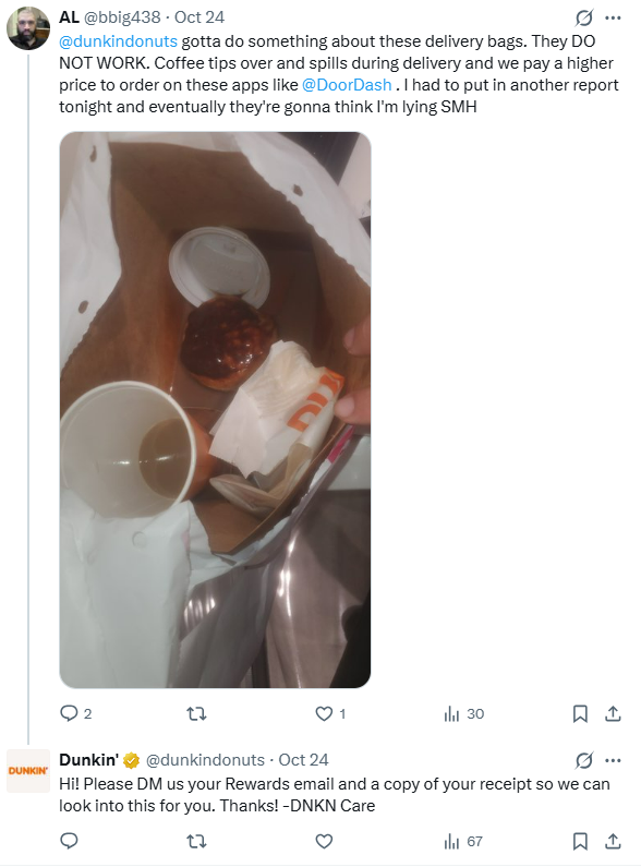Customer complaint about Dunkin packaging on X with the brand replying