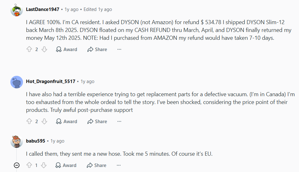 Reddit thread where Dyson owners compare the same fault across different units
