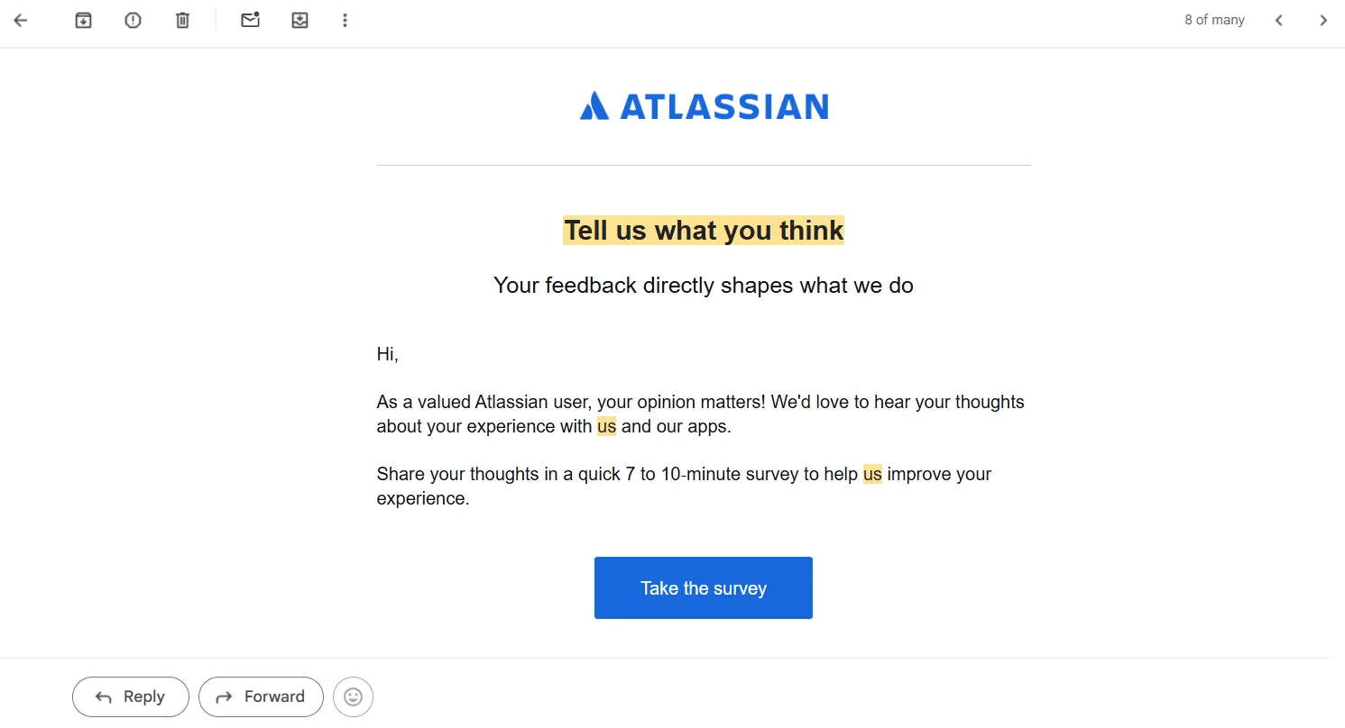 Atlassian email asking users to take a feedback survey