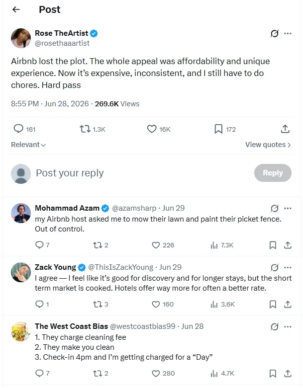 X post about Airbnb pricing with replies about cleaning fees and check-in charges