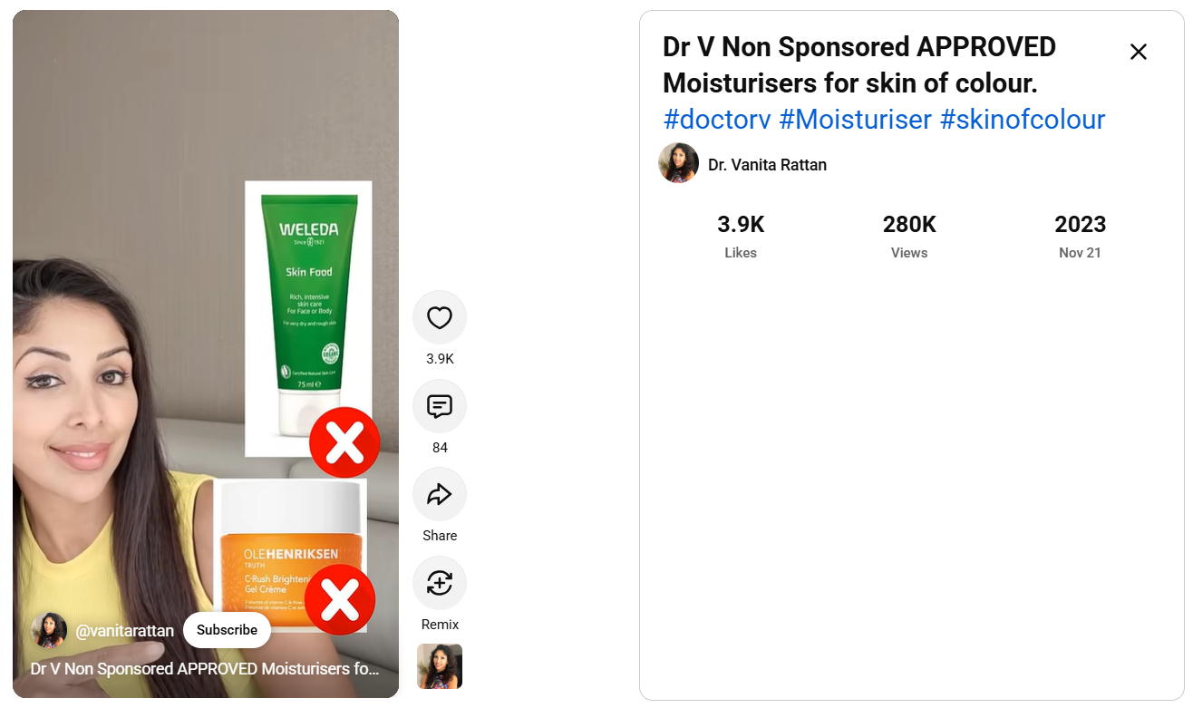 Dermatologist holding up skincare packaging on camera without naming the brand in the caption