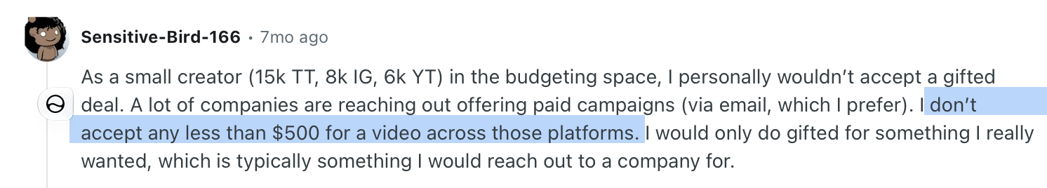Reddit comment from a micro-influencer with 15K TikTok followers stating a $500 minimum rate per video
