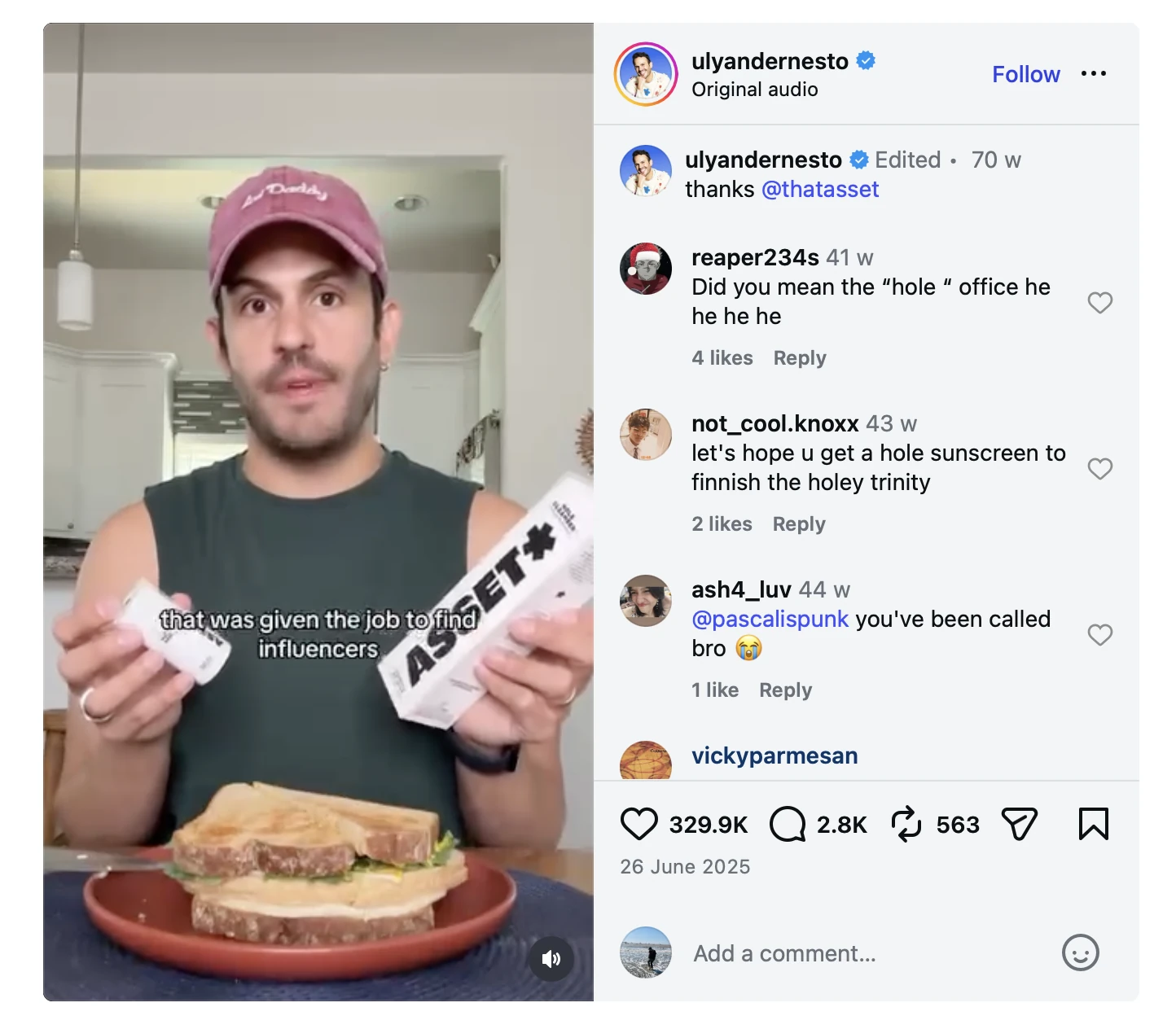 Comedy creator @ulyandernesto unboxing Asset body care products in a reel with 329.9K likes