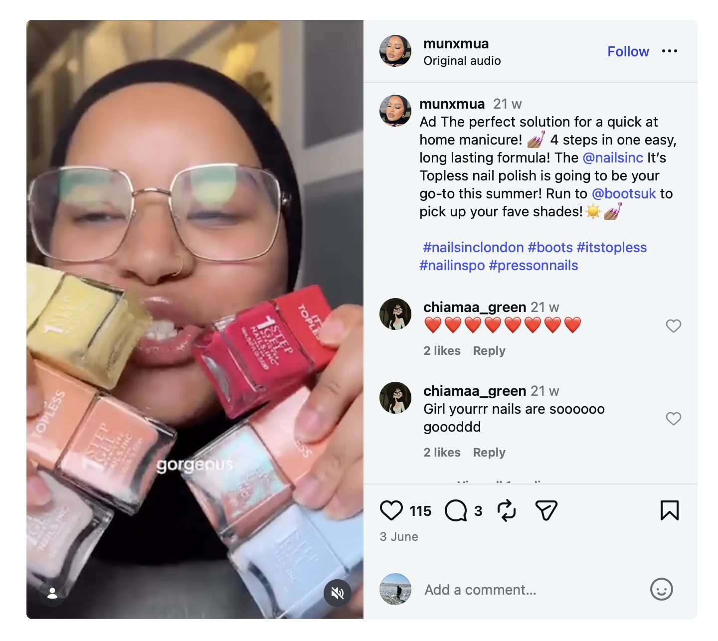 Micro-influencer @munxmua holding Nails.INC It’s Topless nail polish bottles in a sponsored Instagram reel showcasing everyday use rather than studio-style beauty content