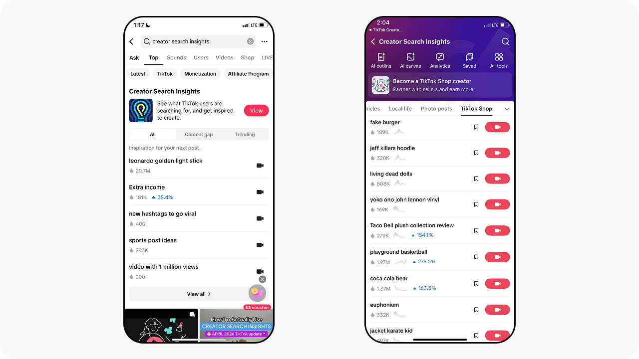 TikTok Creator Search Insights showing trending search topics and content gaps by category