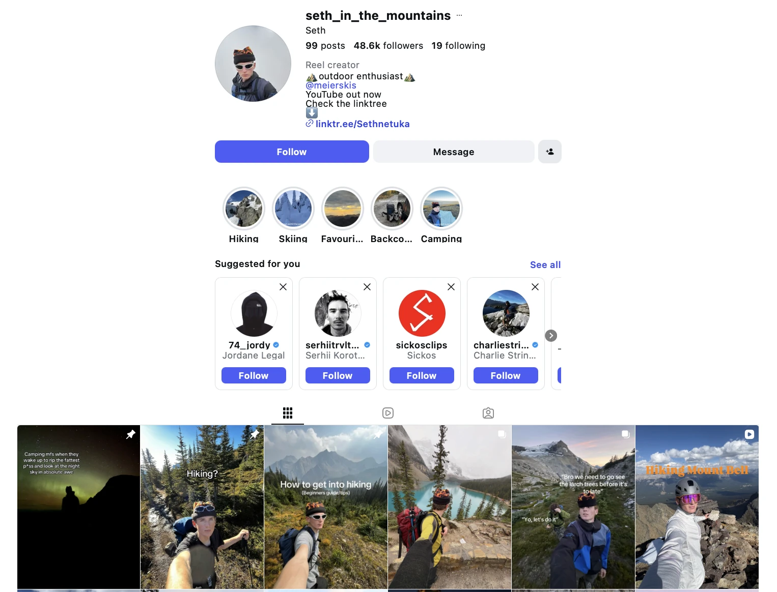 Instagram Suggested for you panel used to find micro-influencers similar to an outdoor creator with 48.6K followers