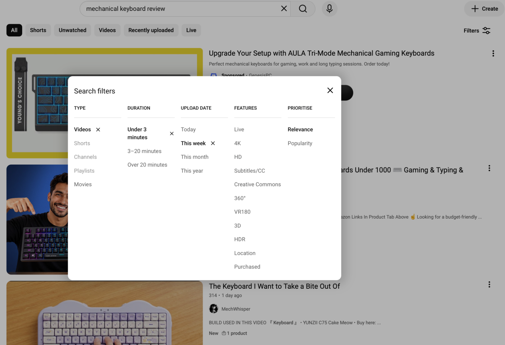 YouTube Channels filter used to find micro-influencers reviewing mechanical keyboards
