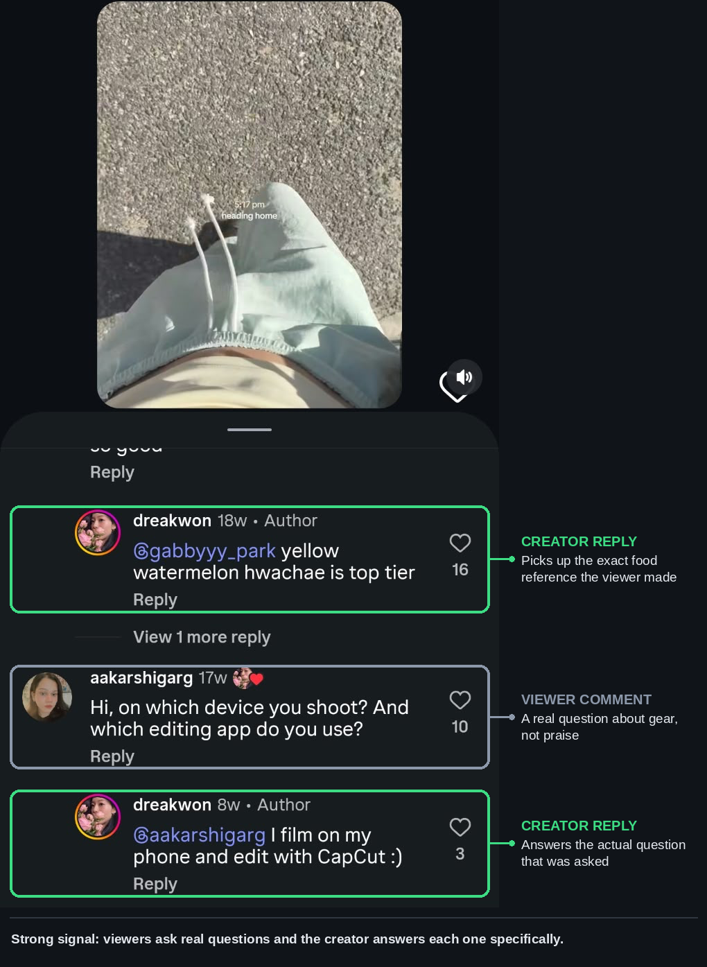 Vetting micro-influencers by comment quality: a creator answering a viewer’s specific question about filming gear