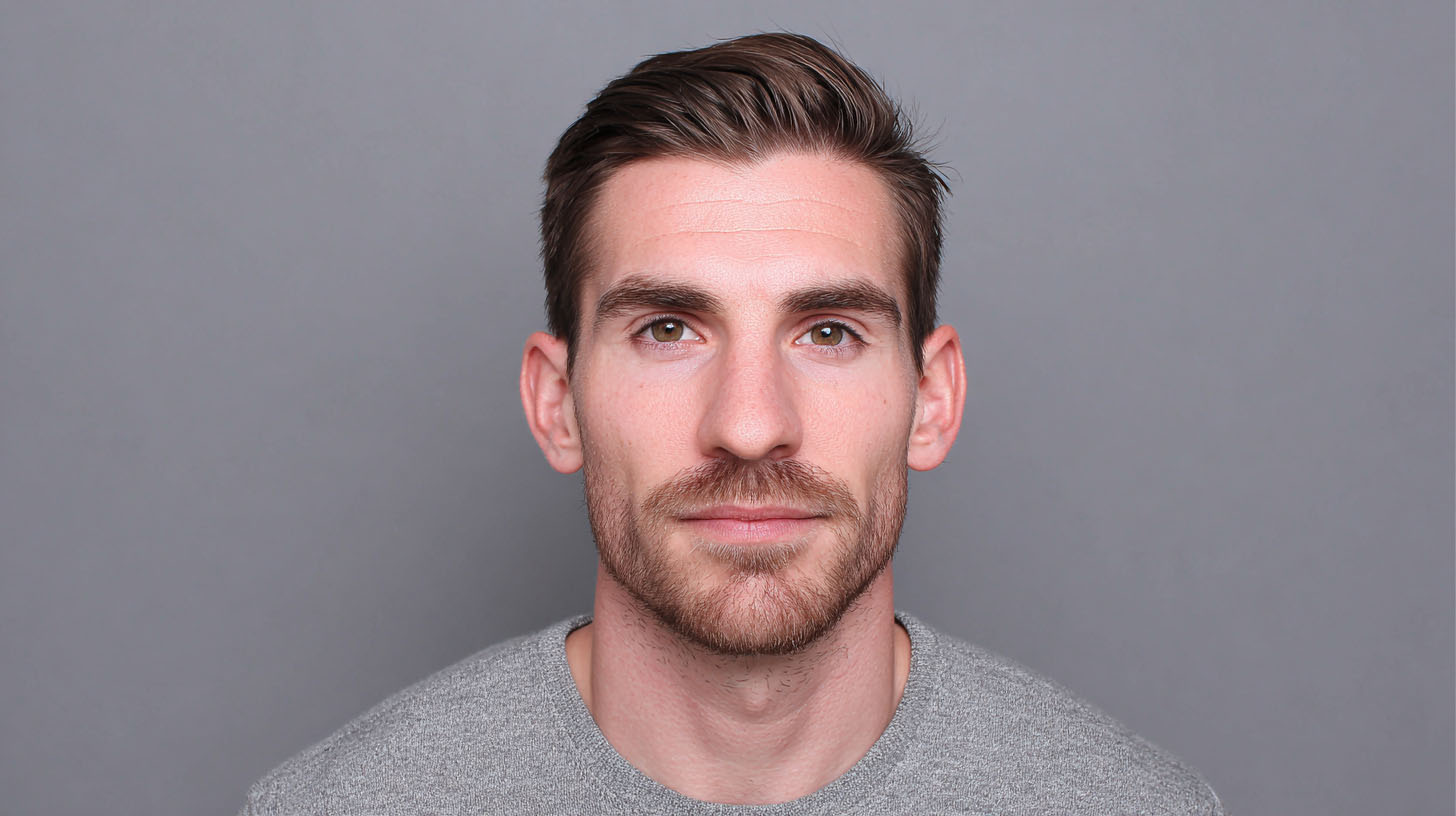 Photo de passeport d’un jeune homme prise en studio professionnel. Service rapide, conforme aux normes officielles, idéal pour vos documents d’identité en Suisse.