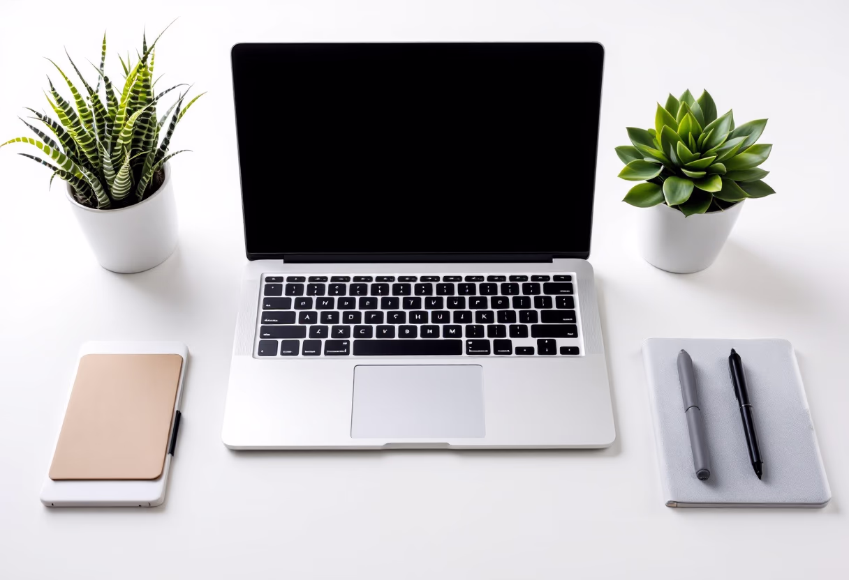 [background image] image of a desk with a laptop and a plant (for an ai marketing tech company)