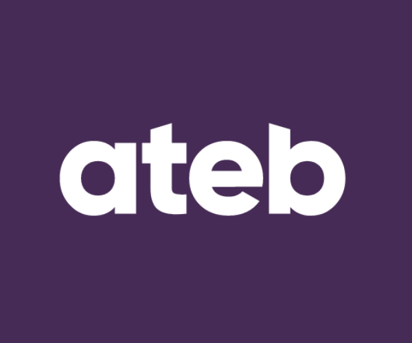 Ateb company logo in white lowercase letters on a dark purple background.