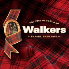 Walkers logo with tartan ribbon background and text 'Product of Scotland, Walkers, Established 1898.'