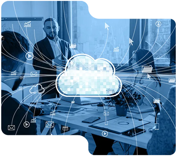 Team im Büro bespricht Cloud-Datenmanagement mit digitalen Symbolen über einem Laptop.