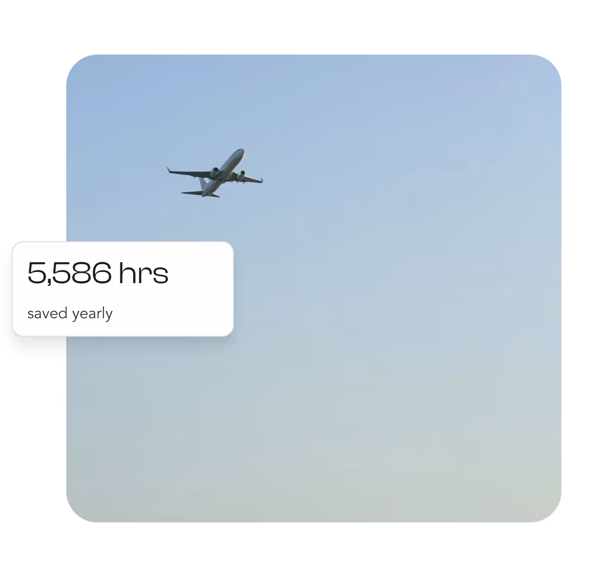Airplane flying in a clear blue sky with text overlay showing '5,586 hrs saved yearly'.