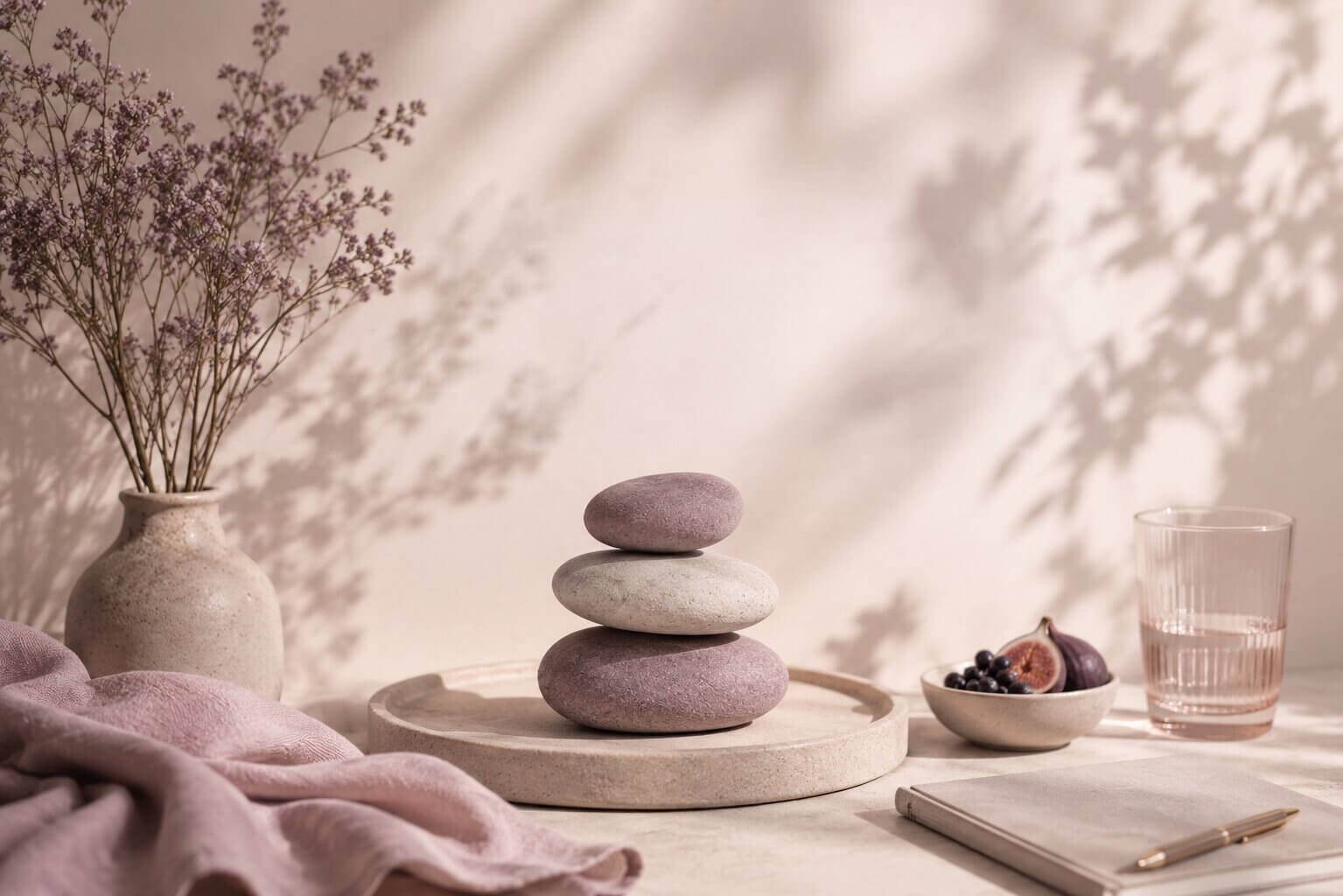 Minimalist wellness still life representing the Trinity Balance method through mindfulness, holistic nutrition, and mental wellbeing.